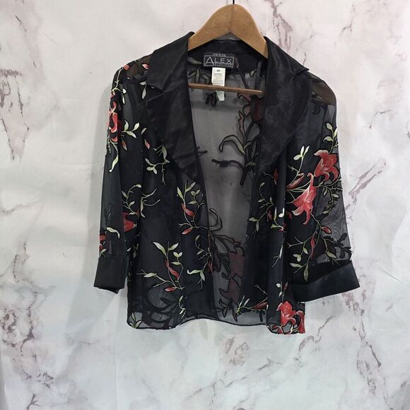 Alex Evenings Jacket Womens Small P Black Red Sheer Lily Mesh Satin Flower - Picture 1 of 11